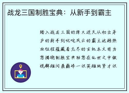 战龙三国制胜宝典:从新手到霸主
